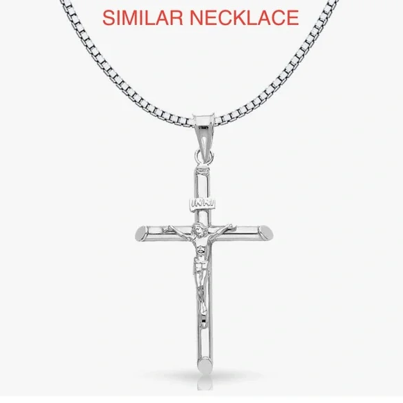 Beautiful 14K White Gold Crucifix Pendant & 1mm White Gold Box Chain - Picture 6 of 6